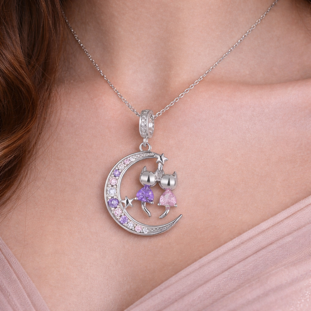 Moonlit Twin Cats Necklace