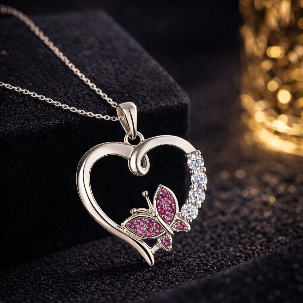 Radiant Butterfly Heart Pendant Necklace