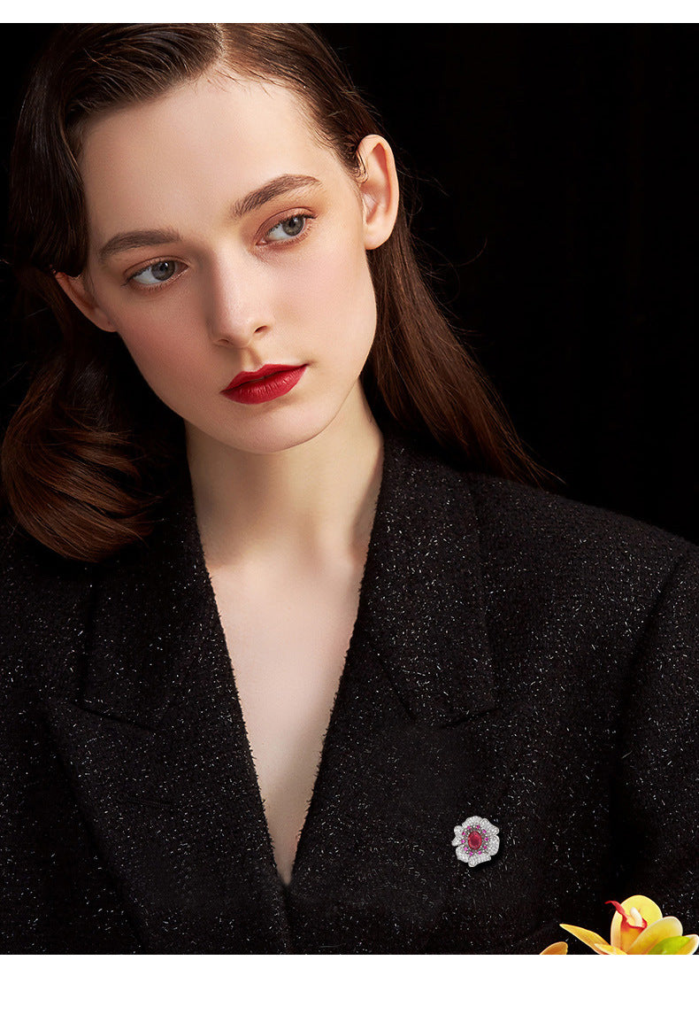 Ruby Flower Brooch - Vintage Luxury Statement Pin