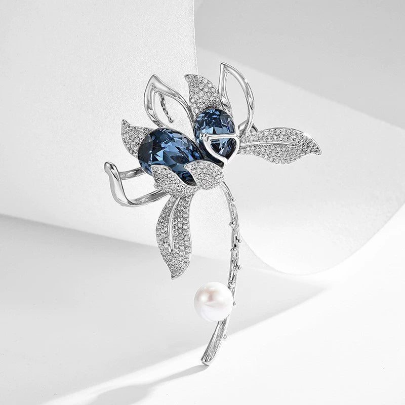 Elegant Flower Brooch with Crystal & Pearl - Vintage Luxury Statement Pin for Women