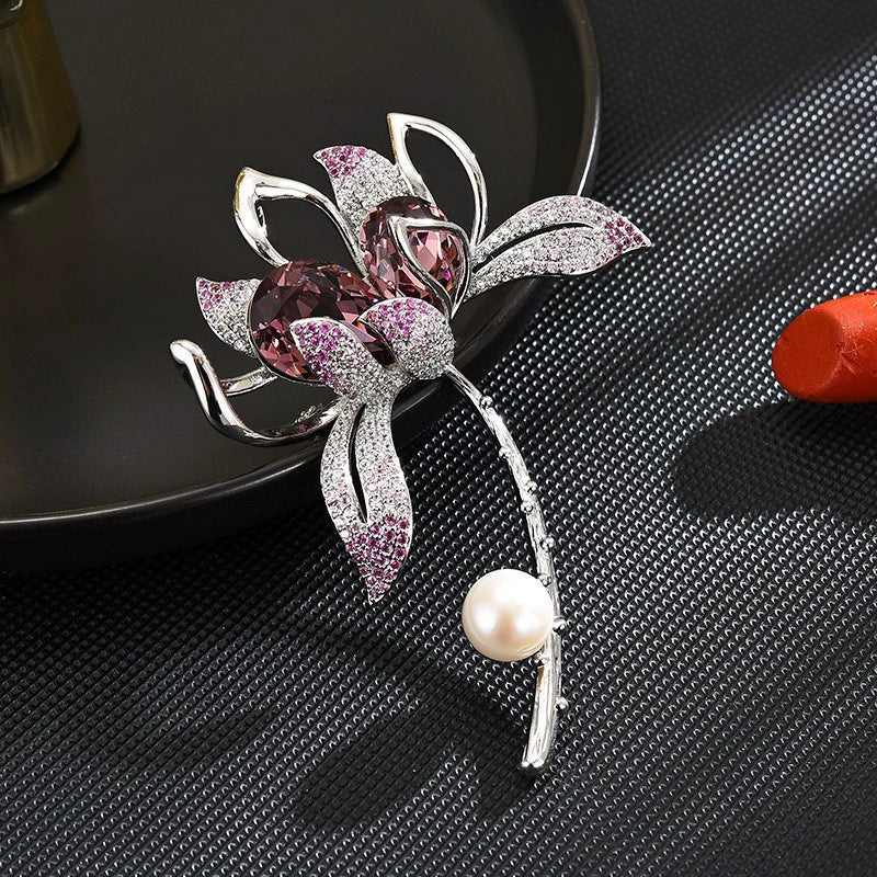 Elegant Flower Brooch with Crystal & Pearl - Vintage Luxury Statement Pin for Women