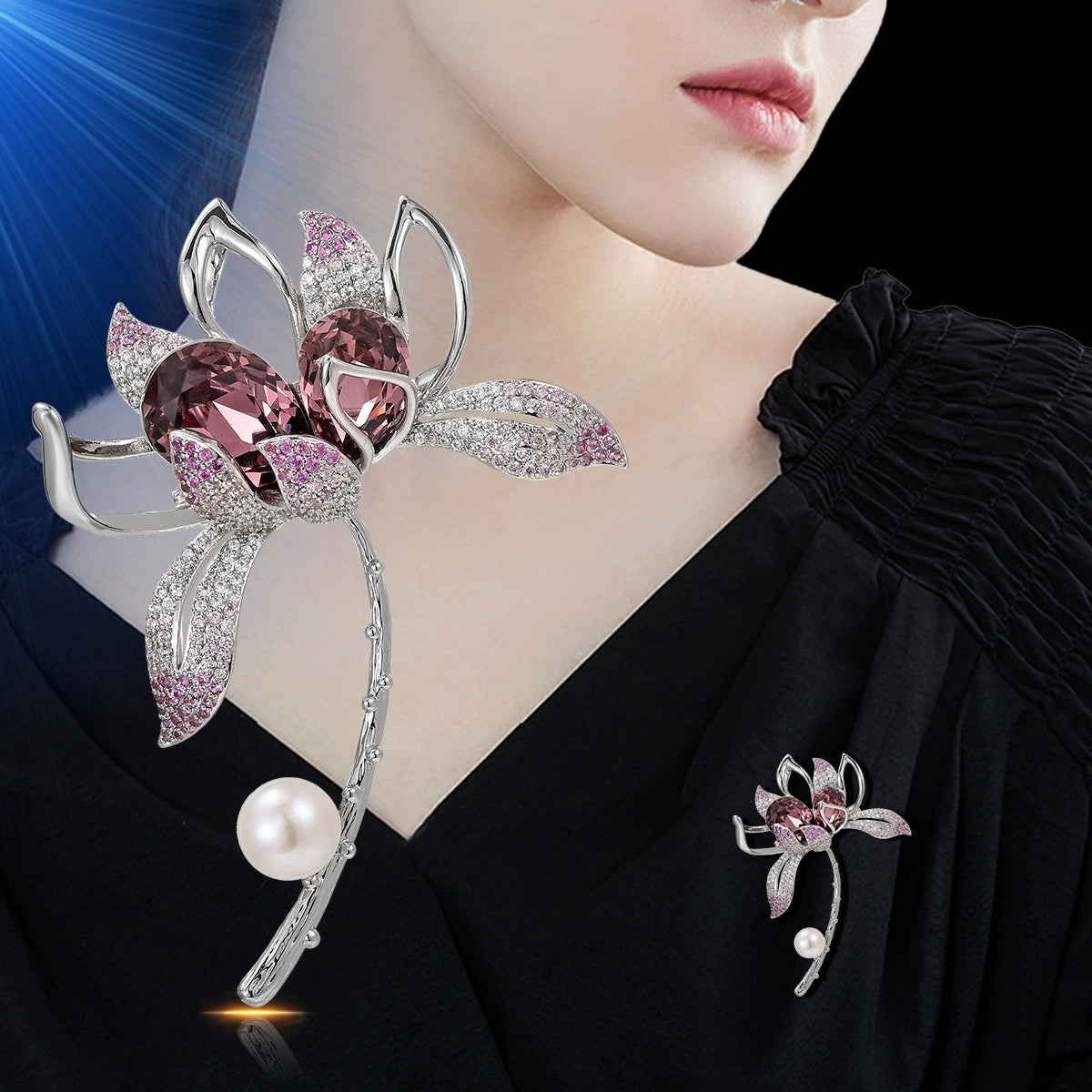 Elegant Flower Brooch with Crystal & Pearl - Vintage Luxury Statement Pin for Women