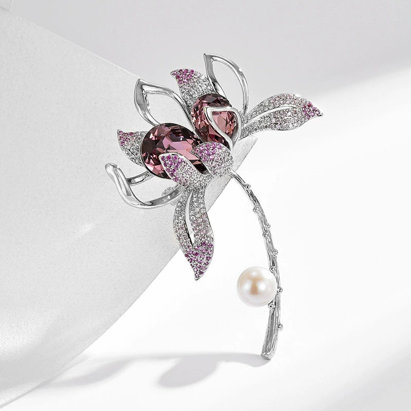 Elegant Flower Brooch with Crystal & Pearl - Vintage Luxury Statement Pin for Women