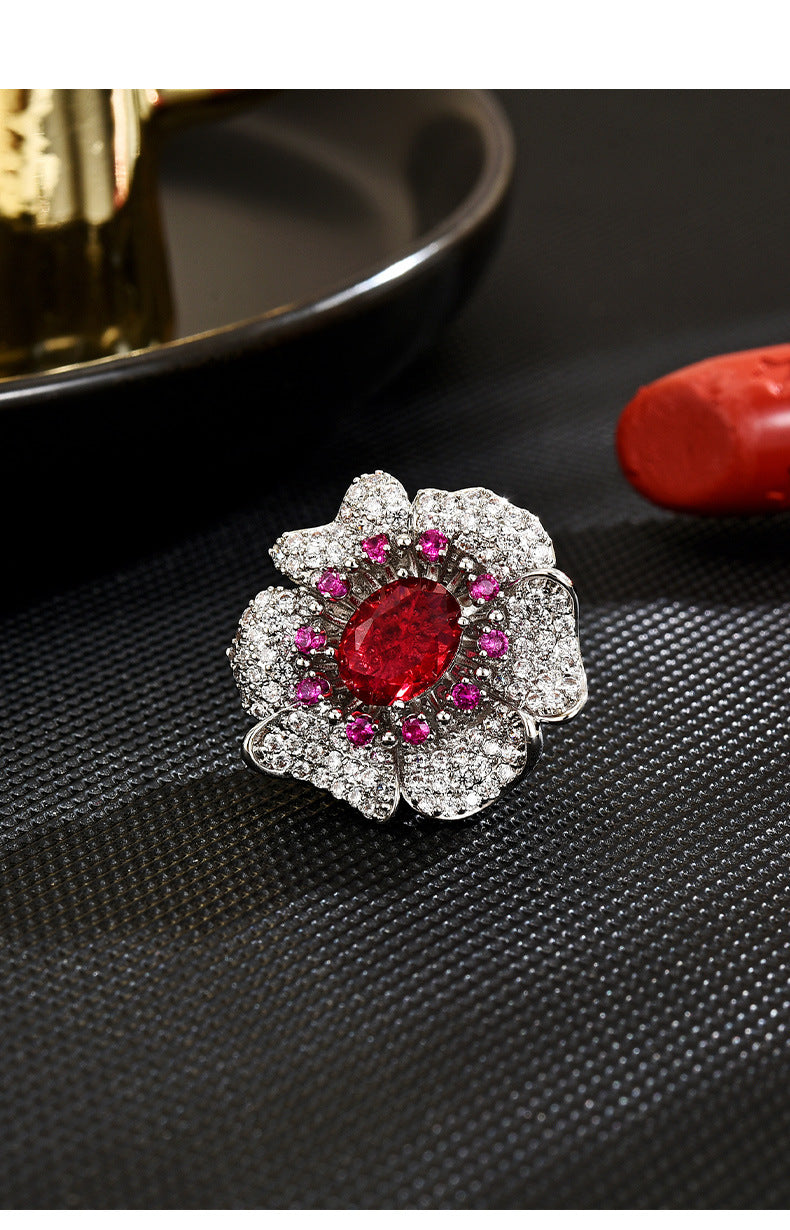 Ruby Flower Brooch - Vintage Luxury Statement Pin