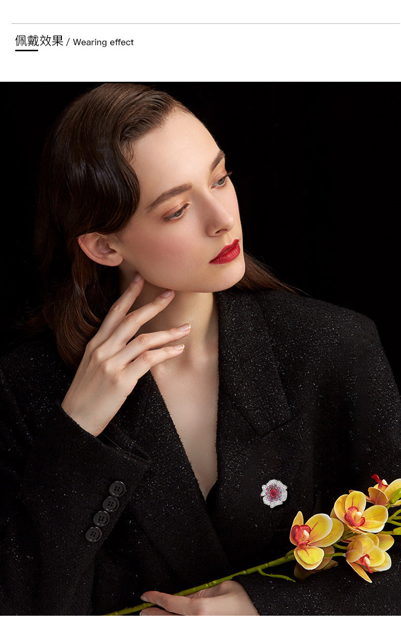 Ruby Flower Brooch - Vintage Luxury Statement Pin